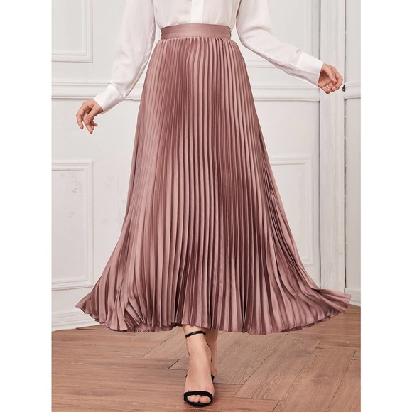 High Waist Pleated Satin Maxi Skirt light pink - Picture 1 of 5